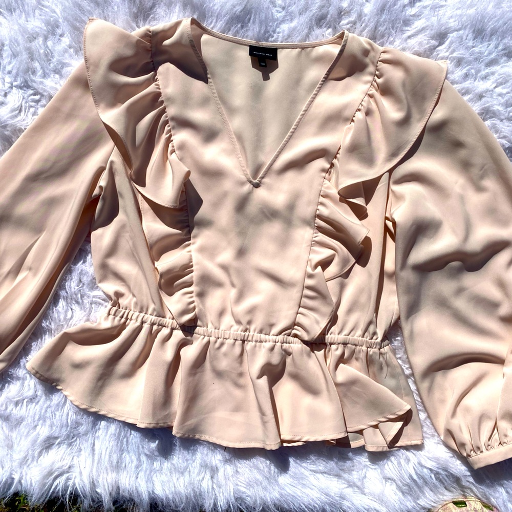 Who What Wear Blush Pink Ruffle Peplum Long Sleeve Silky Top large